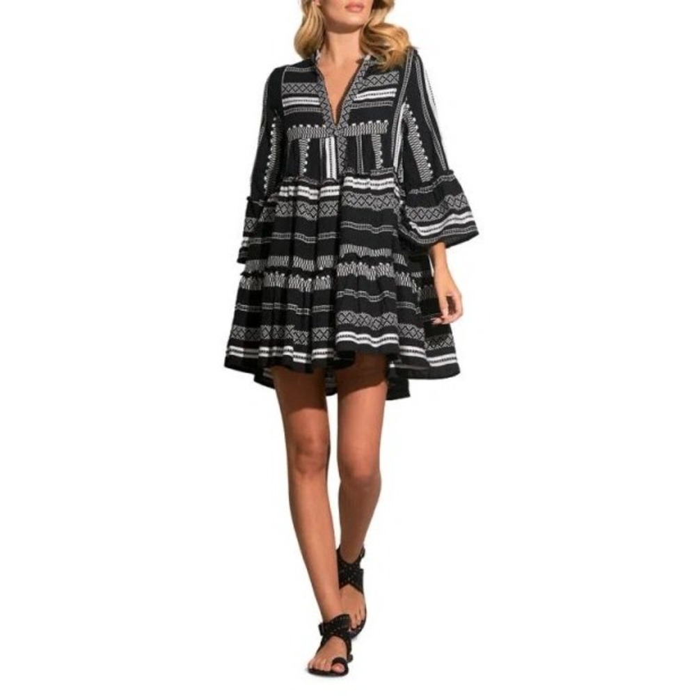 Elan Womens Tiered Mini Dress Black White Striped Cotton Peasant‎ Bell Sleeve S